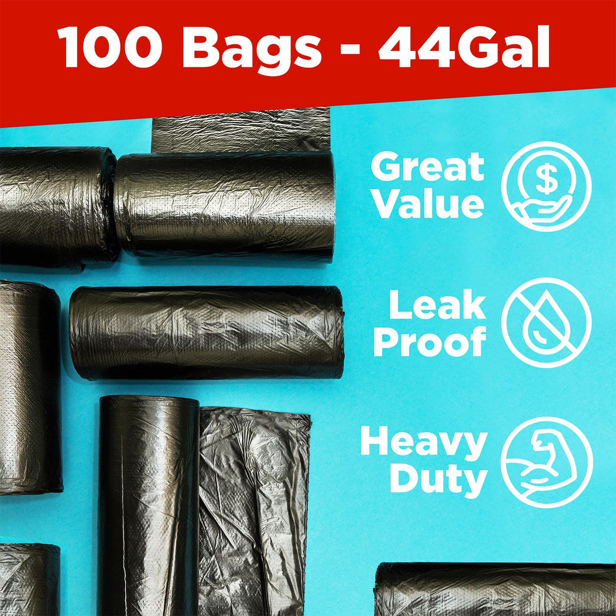 44 Gallon Heavy Duty Contractor Trash Bags, 100 Ct, Black, 1.2 Mil Q589573