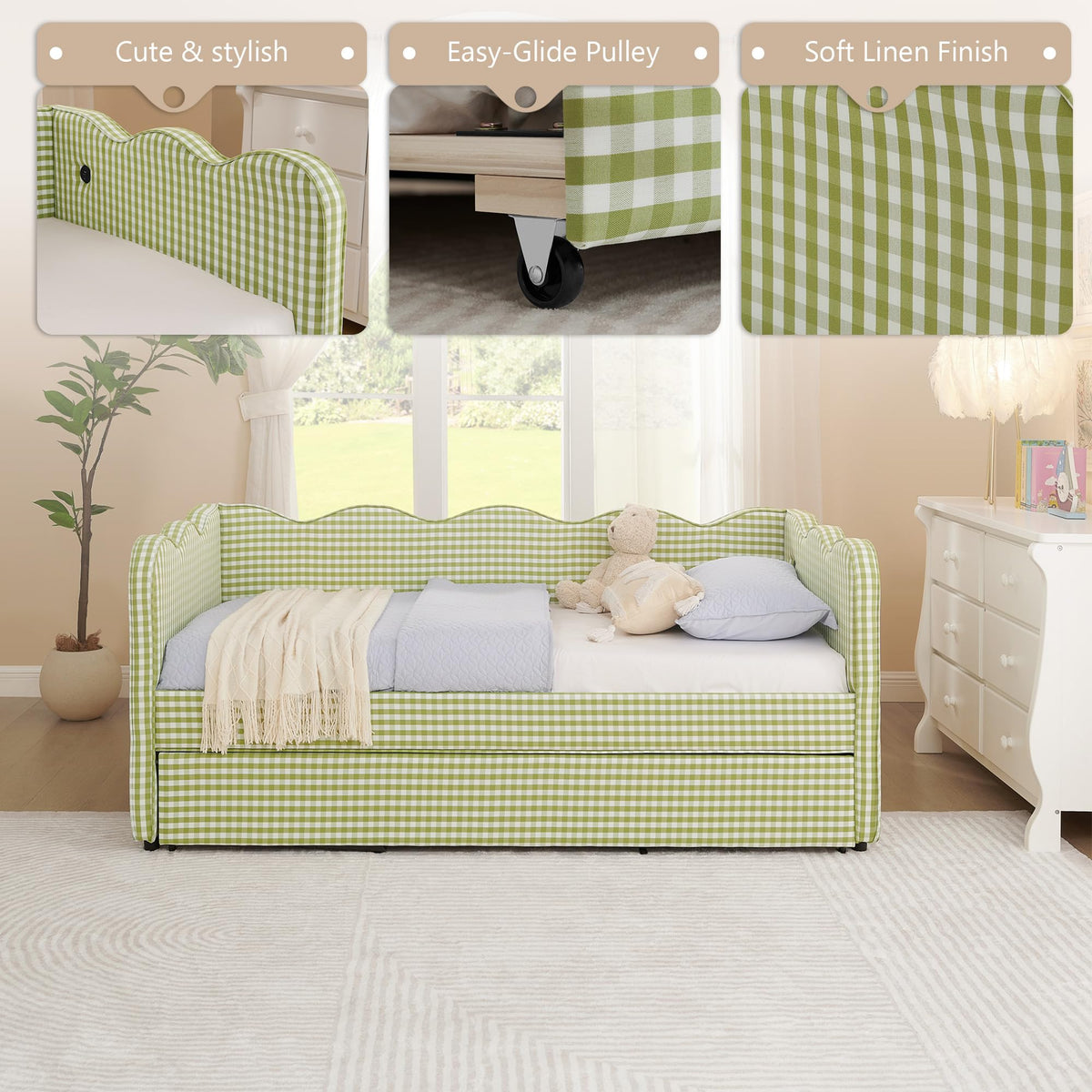 Twin Gingham Upholstered Daybed with Pop Up Trundle Bed O20432