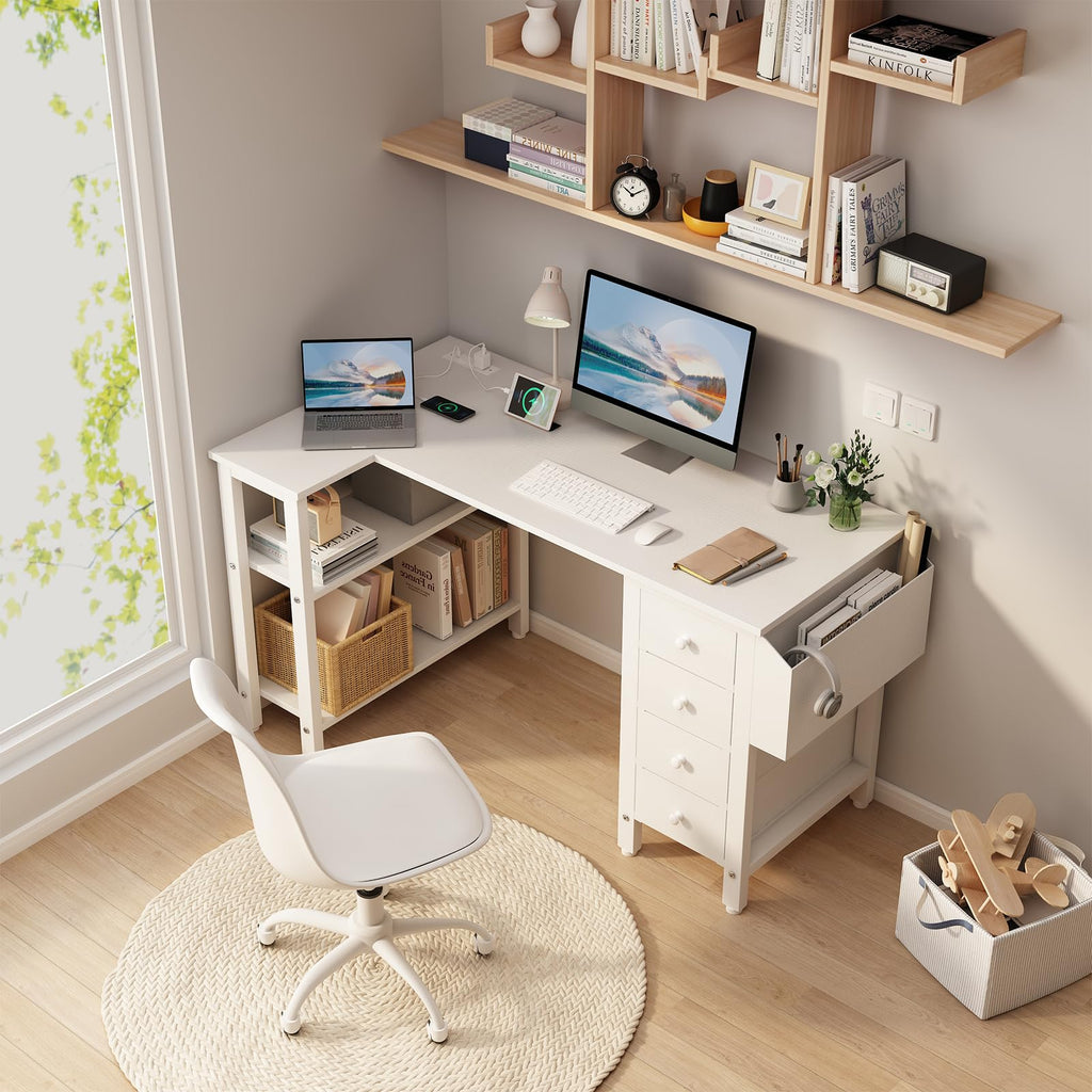 White L Shaped Computer Desk with Drawers and Storage Shelves, 47 Inch Reversible Corner Desk with Power Outlet X4108