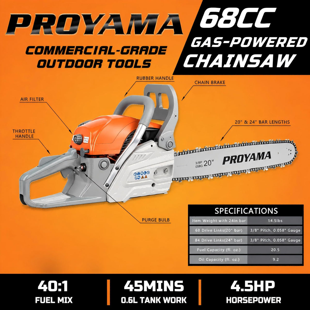 68CC Gas Powered Chainsaw K246222