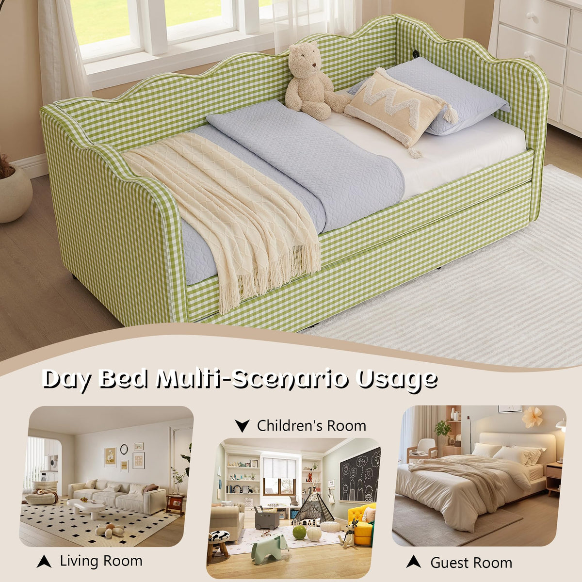 Twin Gingham Upholstered Daybed with Pop Up Trundle Bed O20432