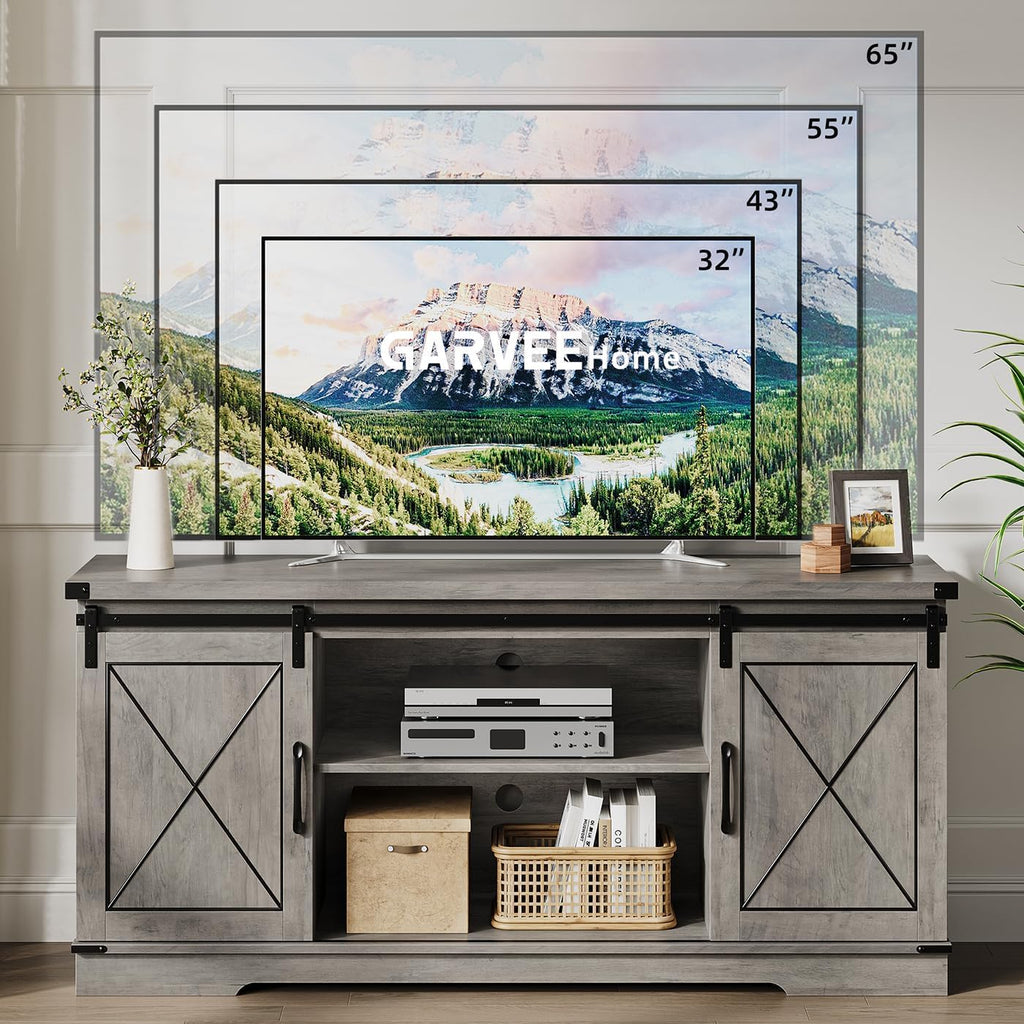 Farmhouse TV Stand with Sliding Barn Doors and Adjustable Shelf O548