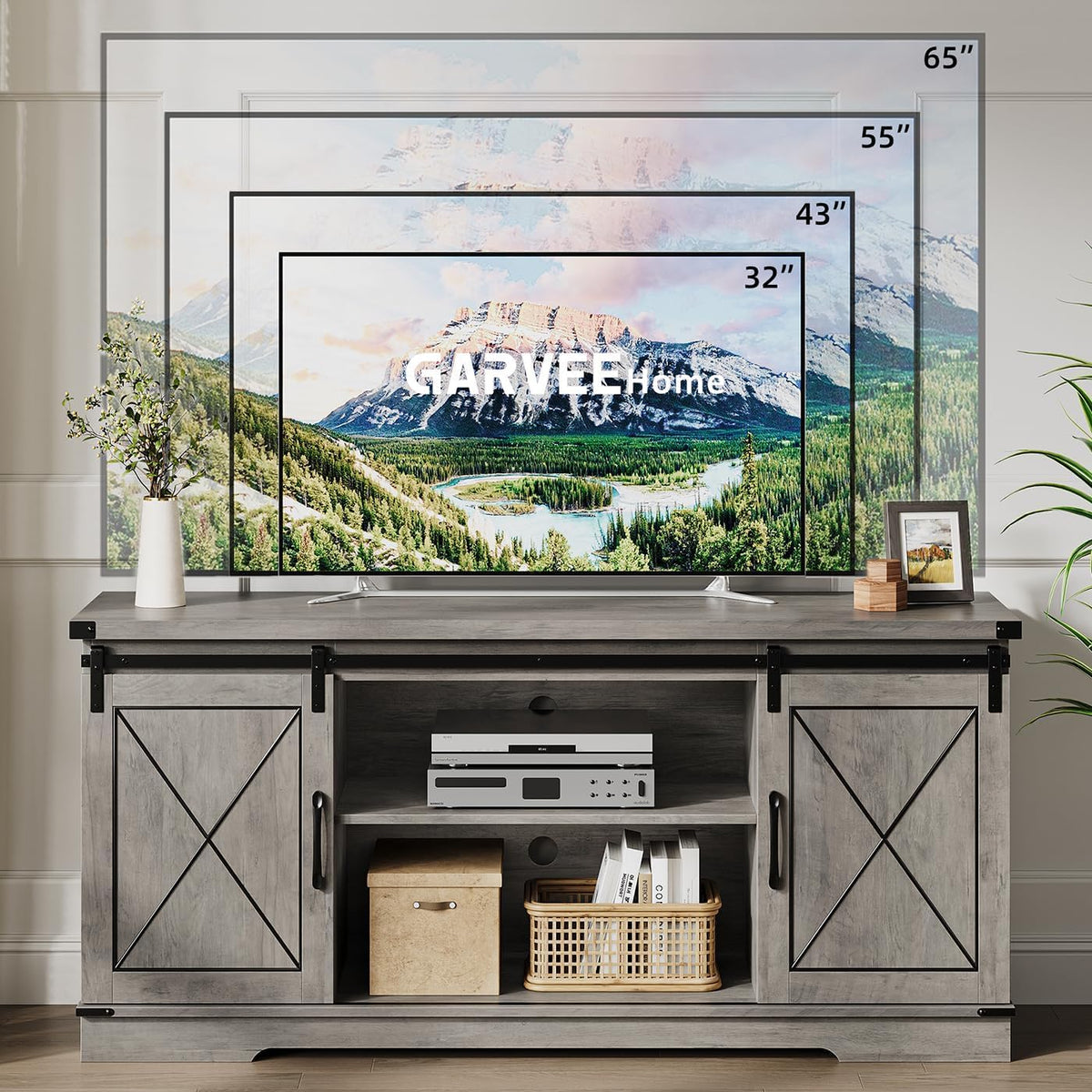 Farmhouse TV Stand with Sliding Barn Doors and Adjustable Shelf O548