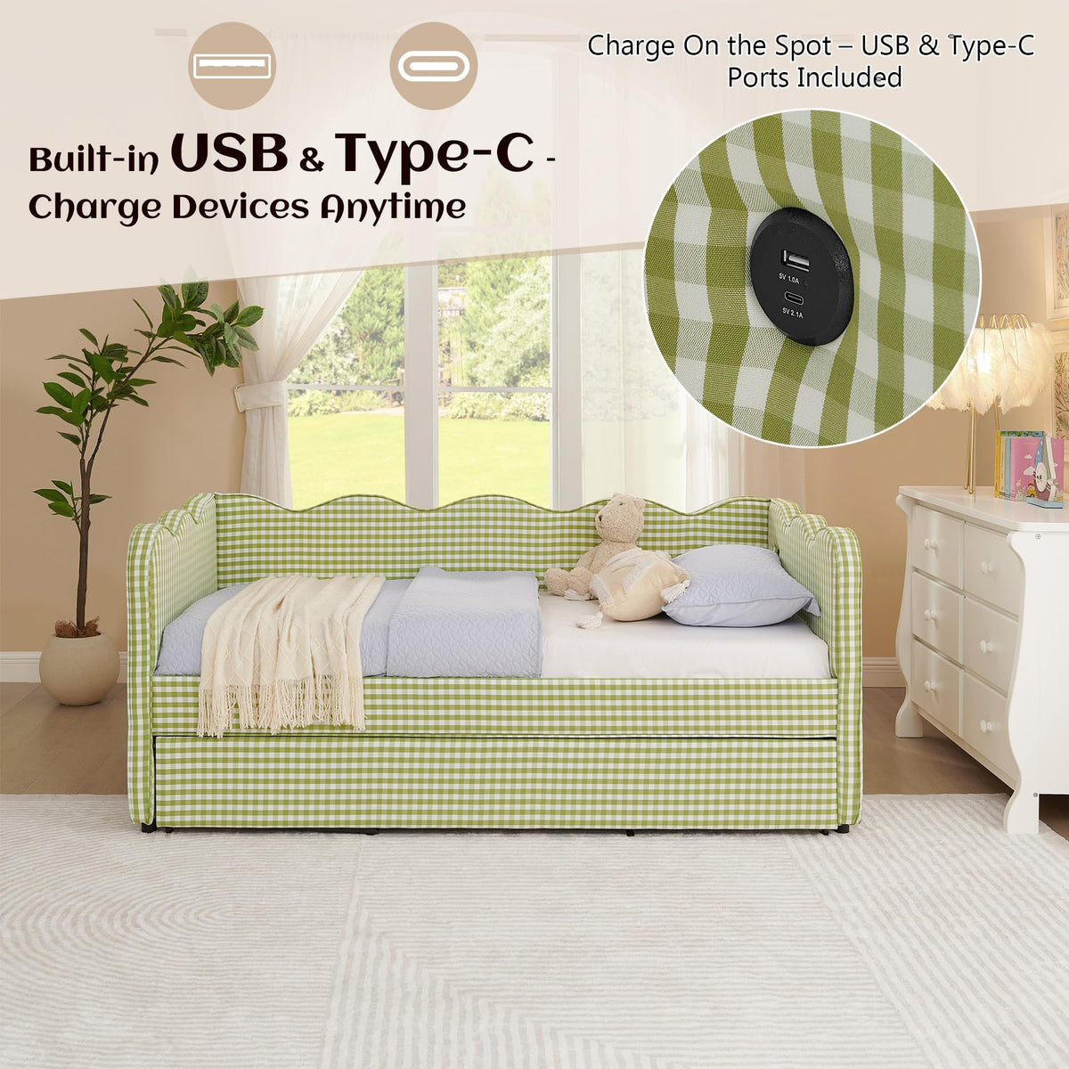 Twin Gingham Upholstered Daybed with Pop Up Trundle Bed O20432