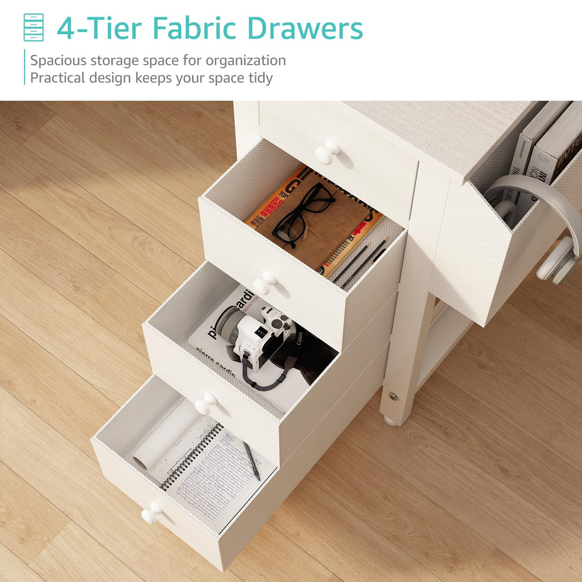 White L Shaped Computer Desk with Drawers and Storage Shelves, 47 Inch Reversible Corner Desk with Power Outlet X4108