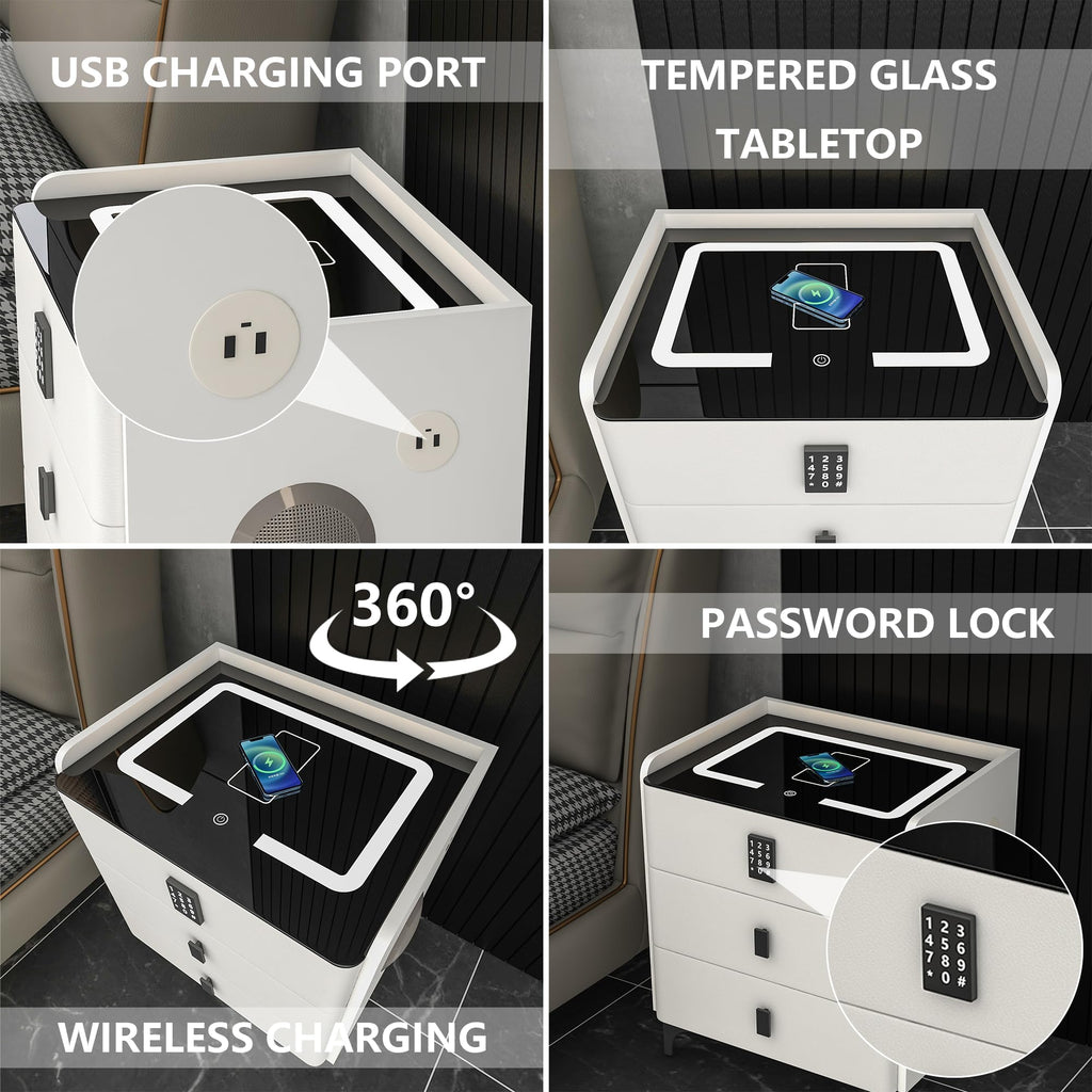 White Nightstand with Charging Station and LED Lights A145