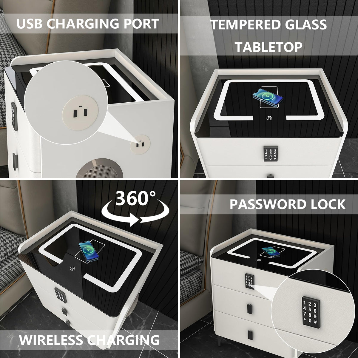 White Nightstand with Charging Station and LED Lights A145