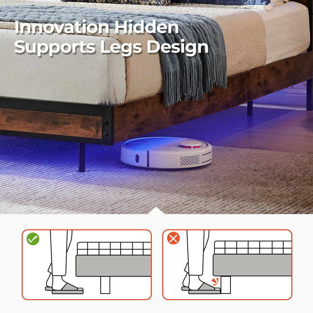 Queen Size Metal Platform Bed Frame with Storage Headboard and LED Lights A481