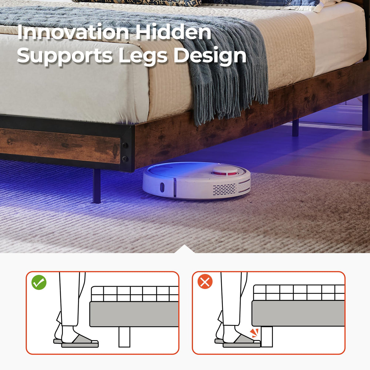 Queen Size Metal Platform Bed Frame with Storage Headboard and LED Lights A481