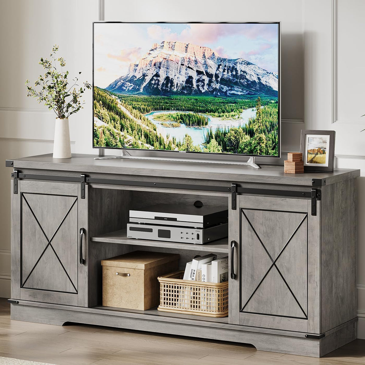 Farmhouse TV Stand with Sliding Barn Doors and Adjustable Shelf O548