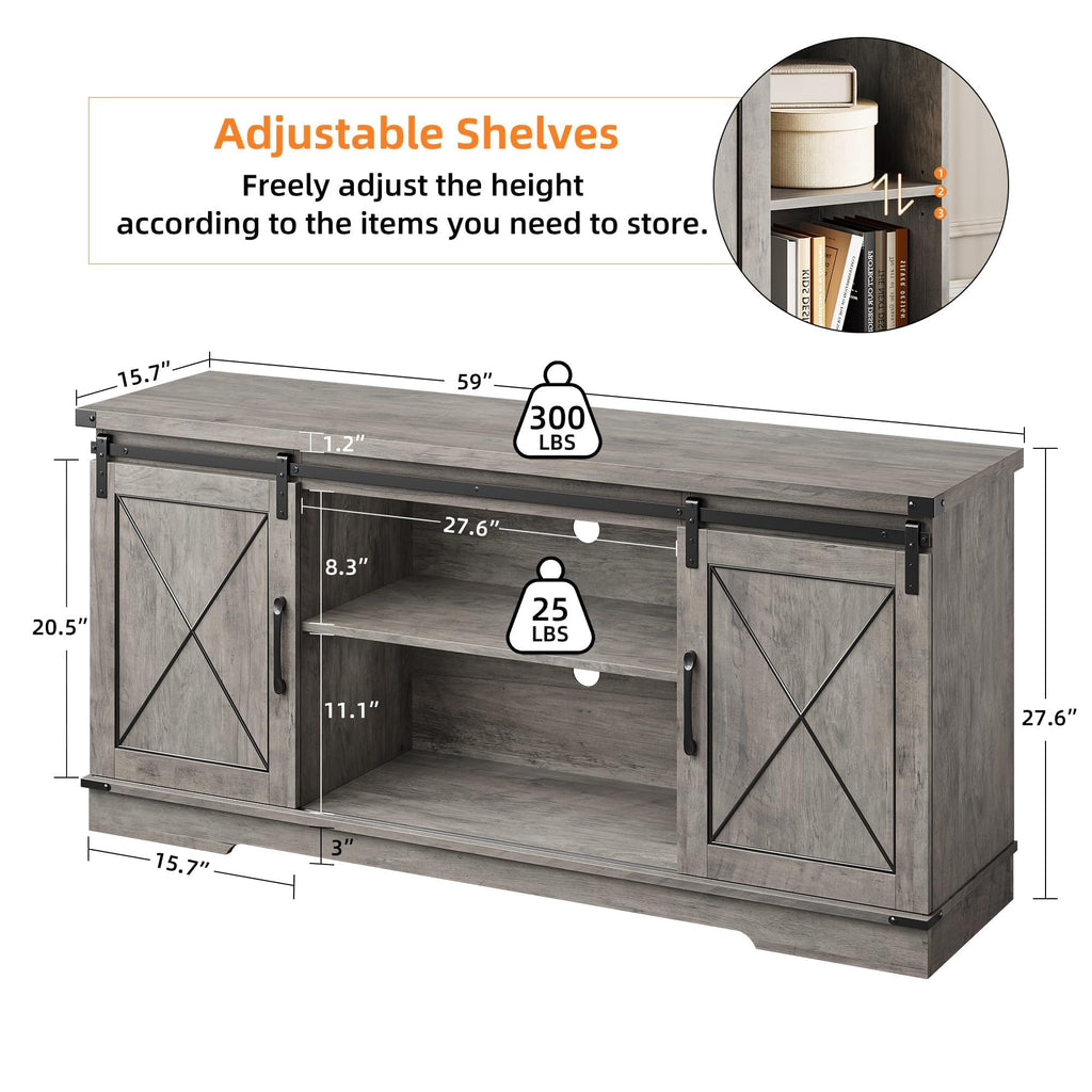 Farmhouse TV Stand with Sliding Barn Doors and Adjustable Shelf O548