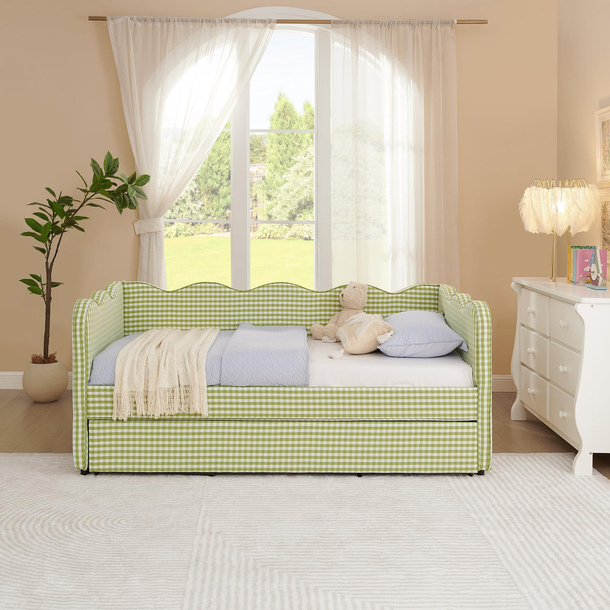 Twin Gingham Upholstered Daybed with Pop Up Trundle Bed O20432