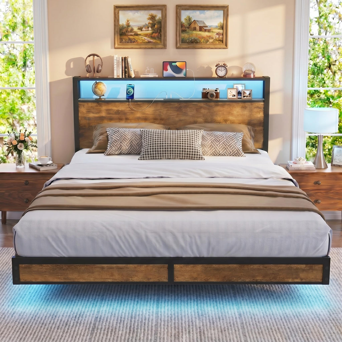 Queen Size Metal Platform Bed Frame with Storage Headboard and LED Lights A481