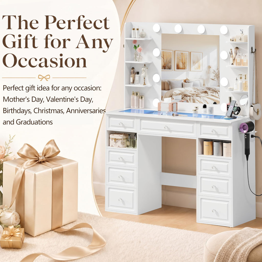 White Vanity Desk with Mirror and 10 LED Lights S750657
