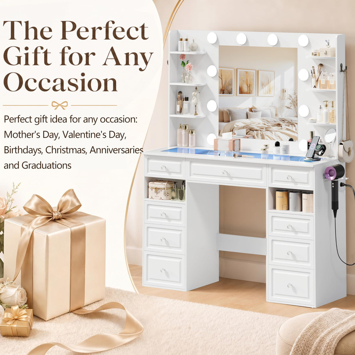 White Vanity Desk with Mirror and 10 LED Lights S750657