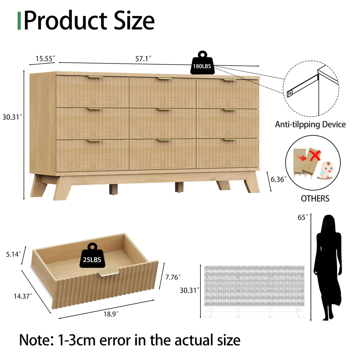 Natural Oak 9 Drawer Fluted Wood Dresser C6351