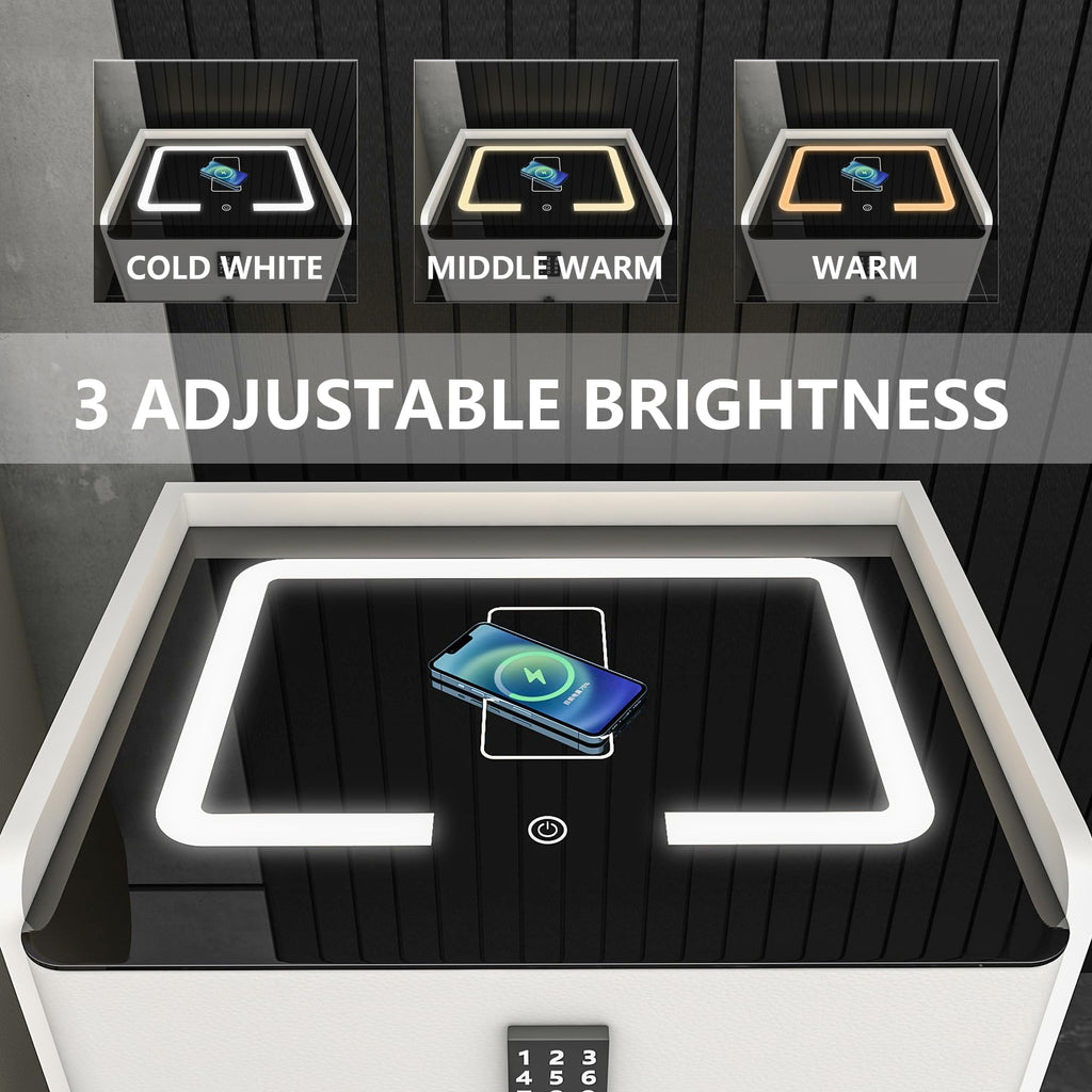 White Nightstand with Charging Station and LED Lights A145