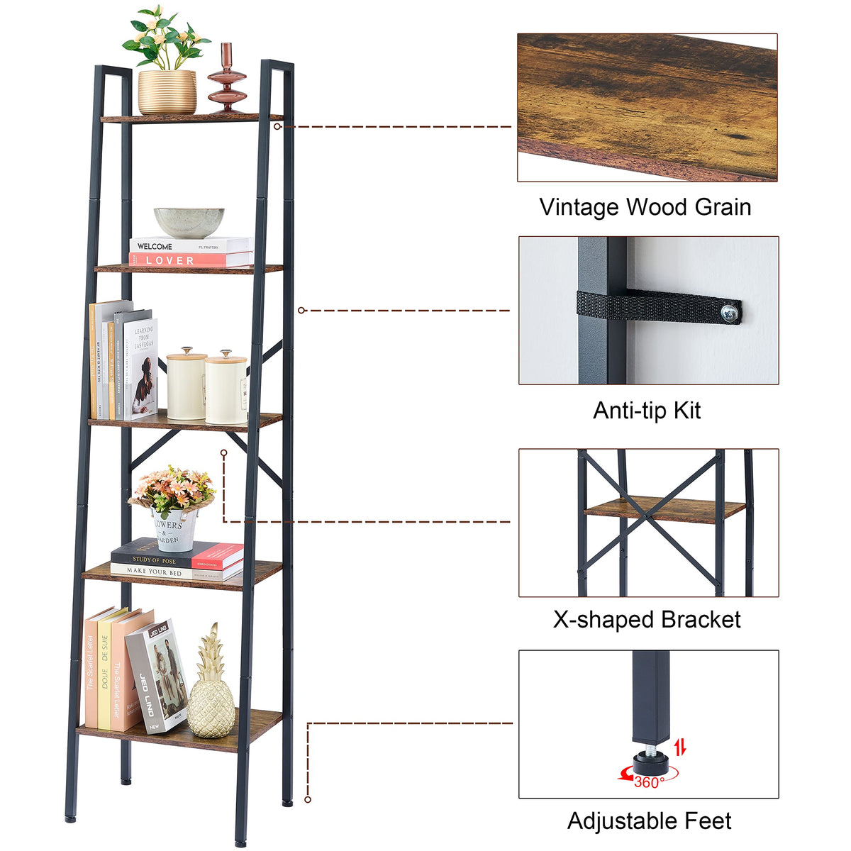 5-Tier Metal Ladder Bookshelf V9029