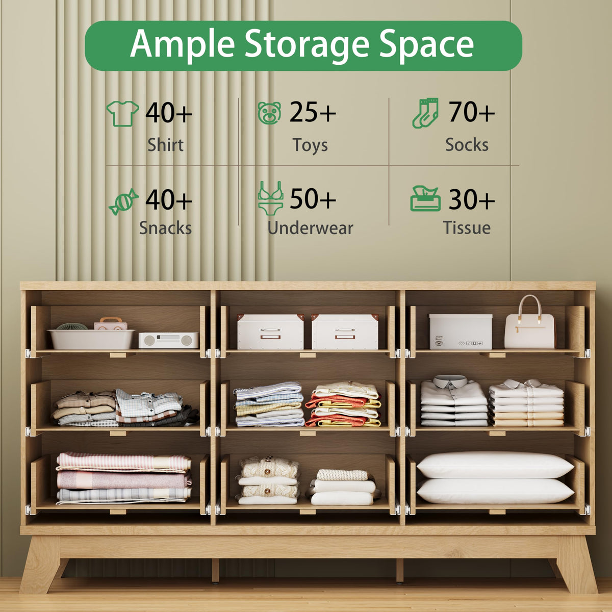 Natural Oak 9 Drawer Fluted Wood Dresser C6351