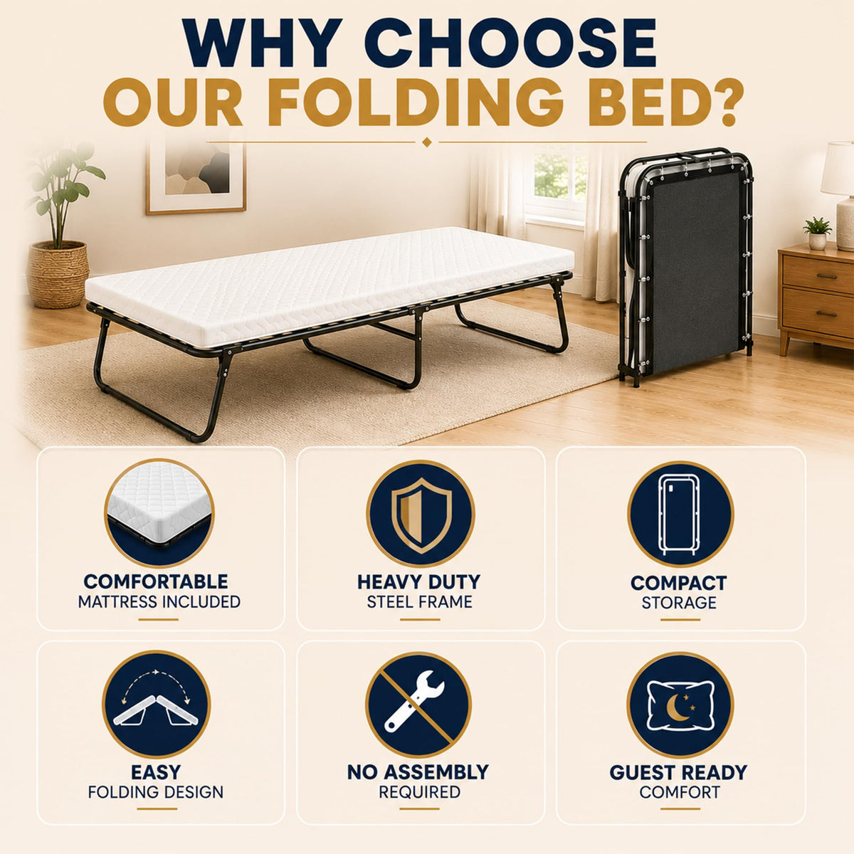14″ High Folding Guest Bed with 3″ Memory Foam Mattress A90218
