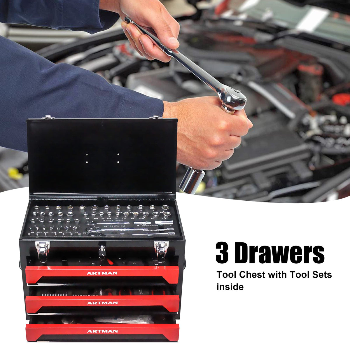 3-Drawer Steel Tool Chest with 439-Piece Mechanics Tool Set D50863