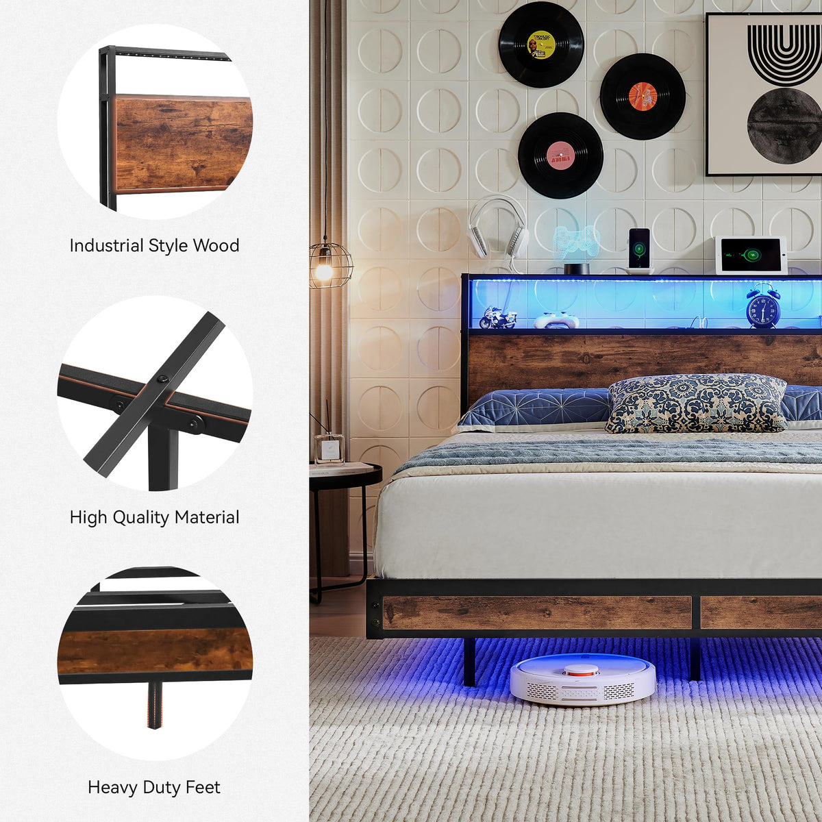 Queen Size Metal Platform Bed Frame with Storage Headboard and LED Lights A481