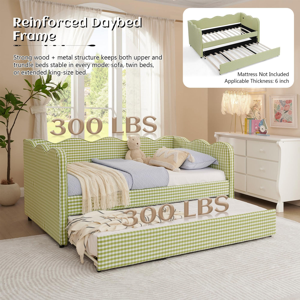 Twin Gingham Upholstered Daybed with Pop Up Trundle Bed O20432