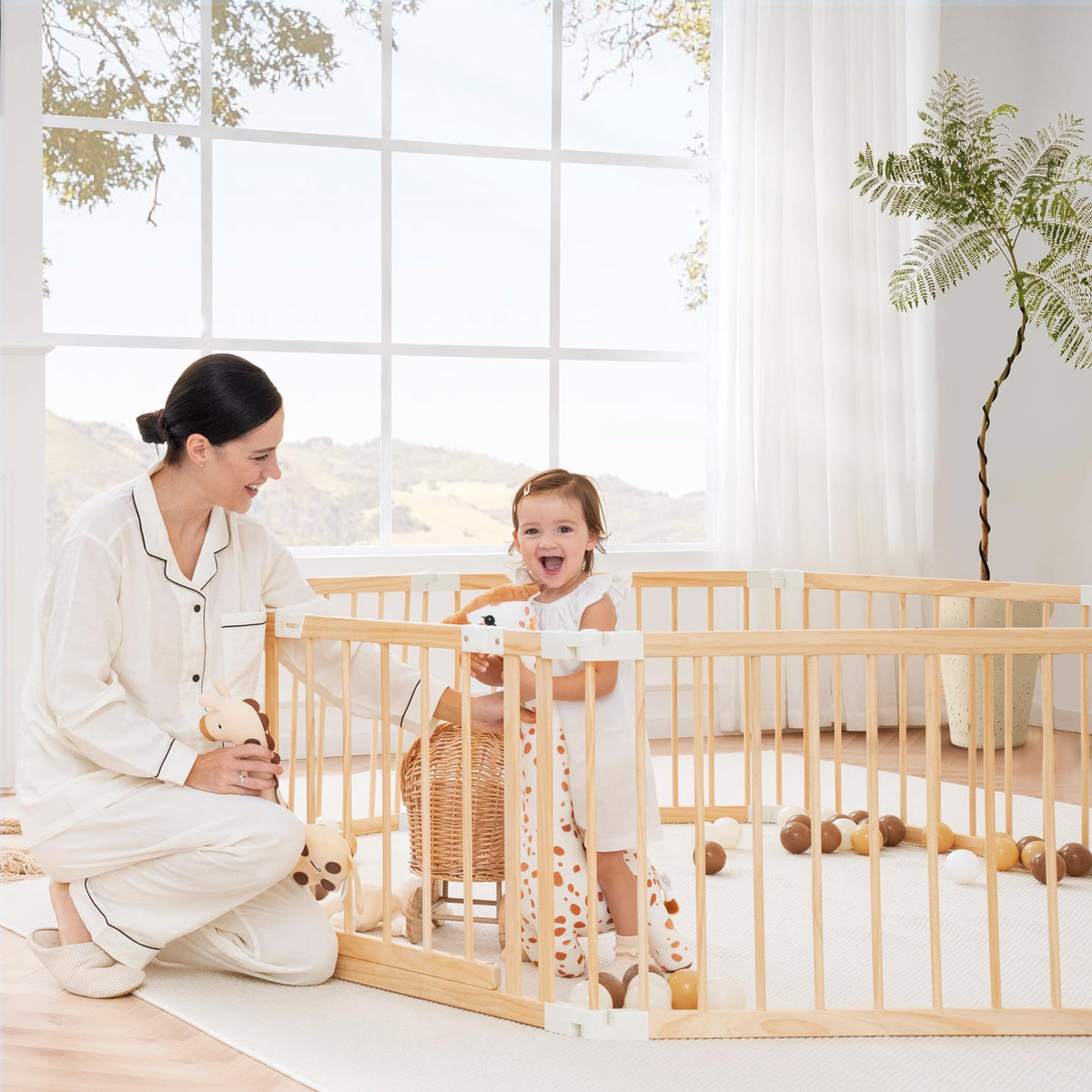 Foldable Wooden Baby Playpen with Gate Y58553
