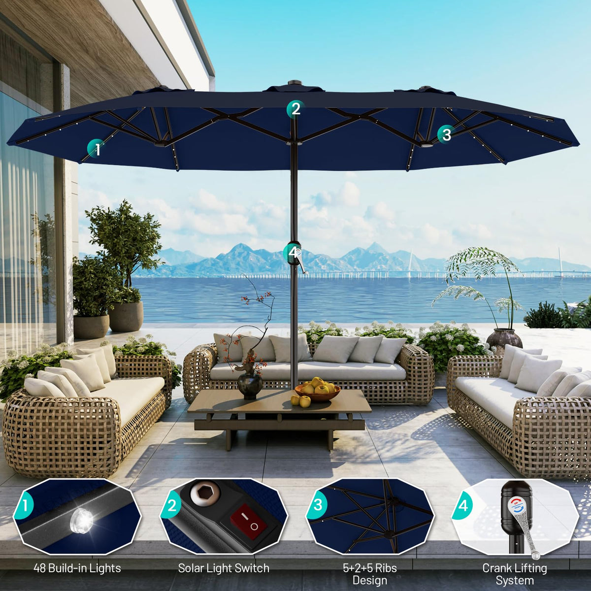 15FT Double Sided Solar Lights Patio Umbrella G389689