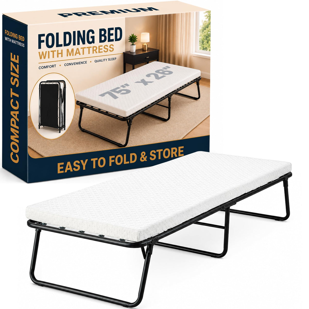 14″ High Folding Guest Bed with 3″ Memory Foam Mattress A90218
