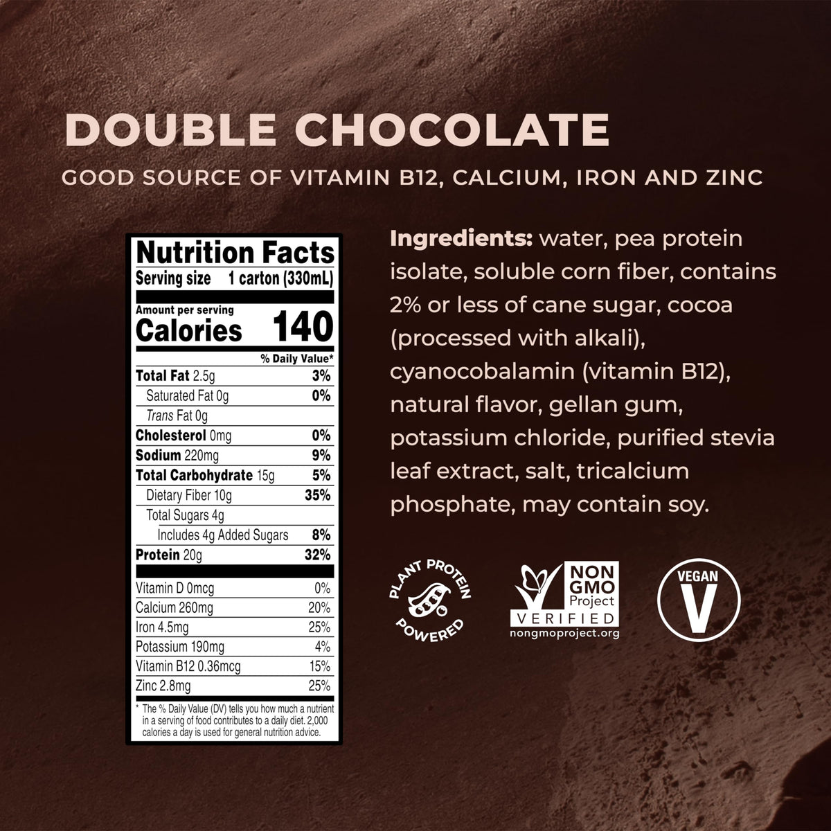 Double Chocolate Vegan Protein Shake 11 Fl Oz Pack of 12 P3224