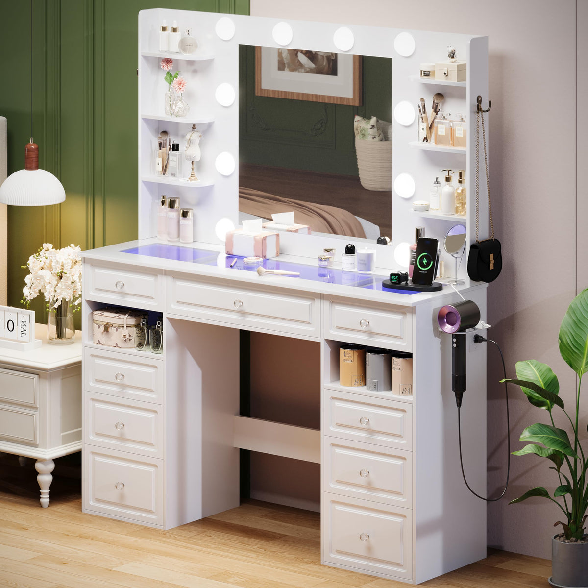 White Vanity Desk with Mirror and 10 LED Lights S750657