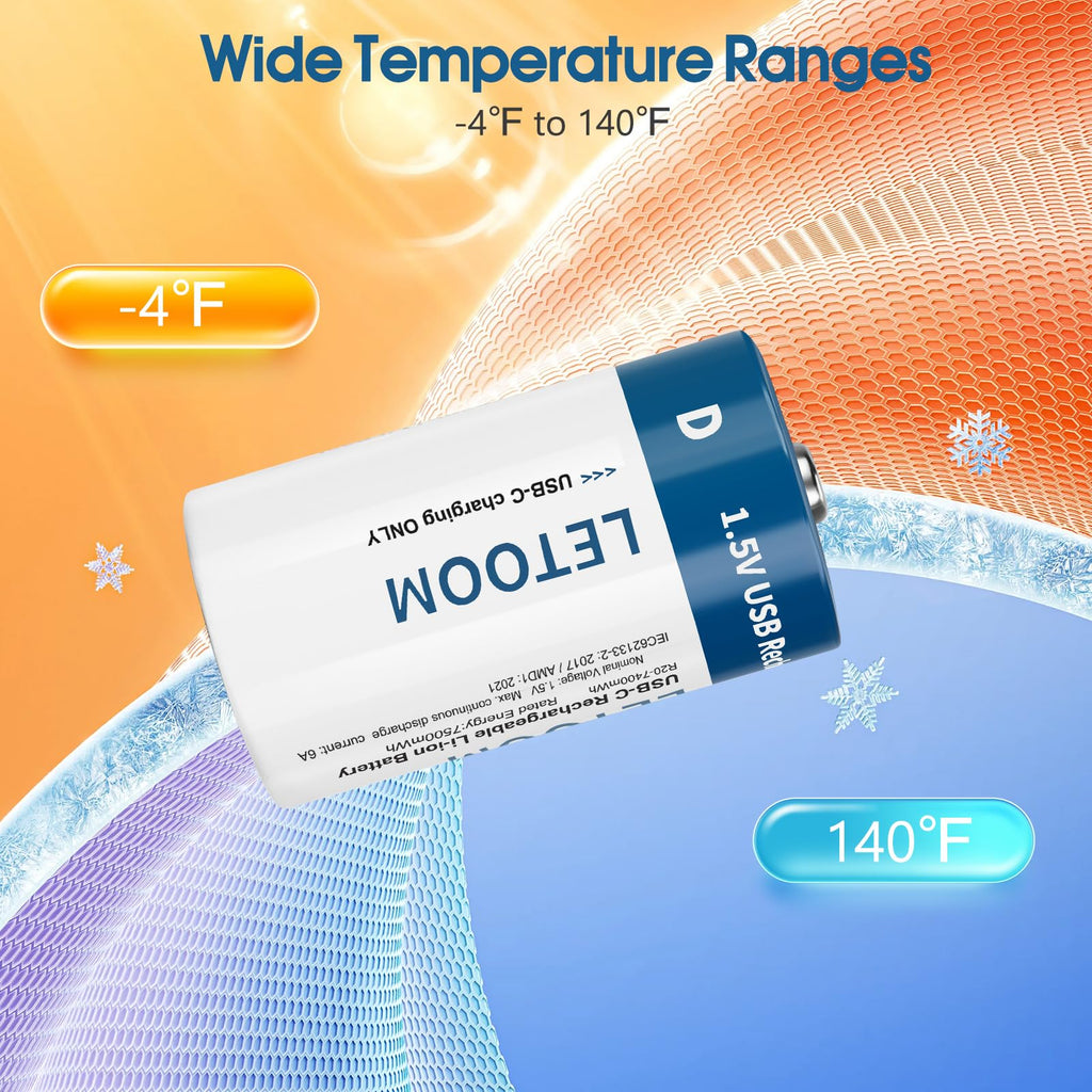 D Size Rechargeable Lithium Batteries 1.5V 6 Pack T8367