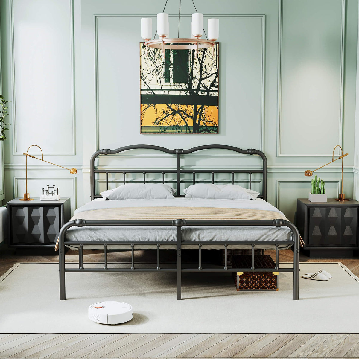 Queen Size Black Metal Platform Bed Frame with Headboard C174800