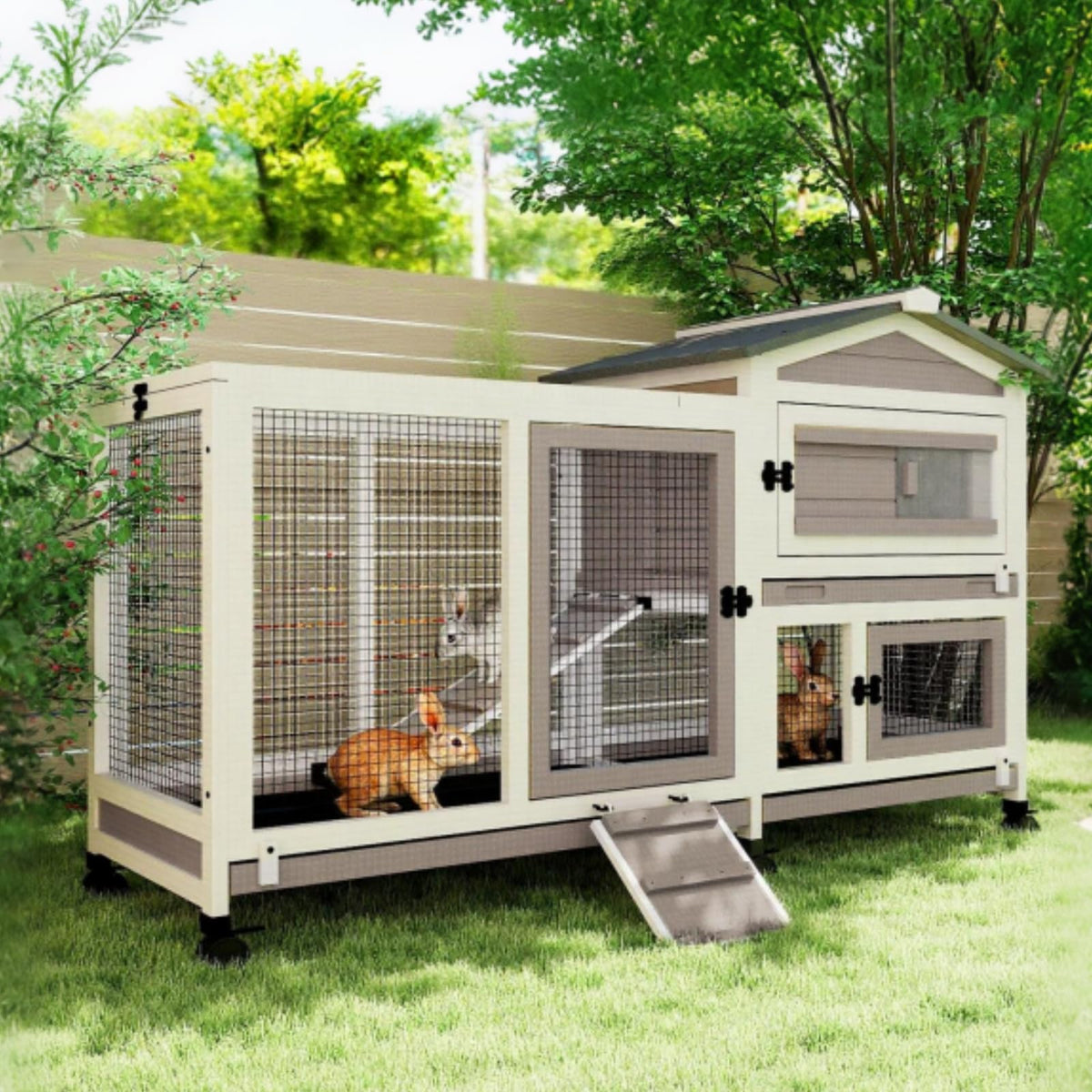 2 Story Wooden Rabbit Hutch with 6 Lockable Wheels M974