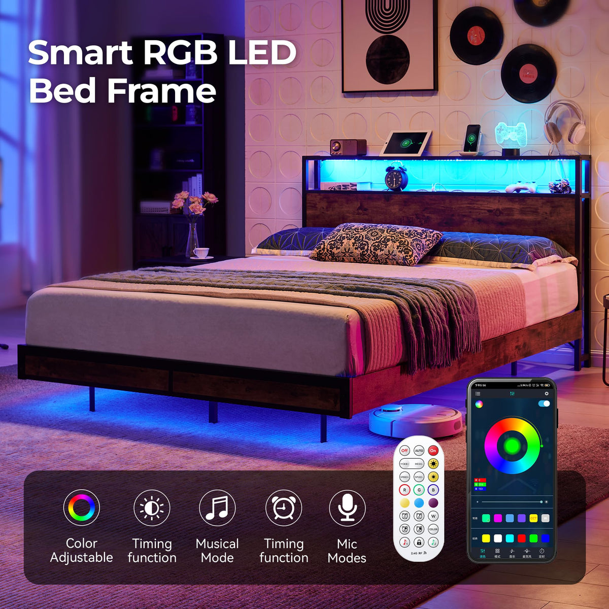 Queen Size Metal Platform Bed Frame with Storage Headboard and LED Lights A481