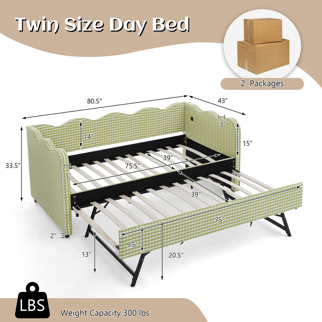 Twin Gingham Upholstered Daybed with Pop Up Trundle Bed O20432