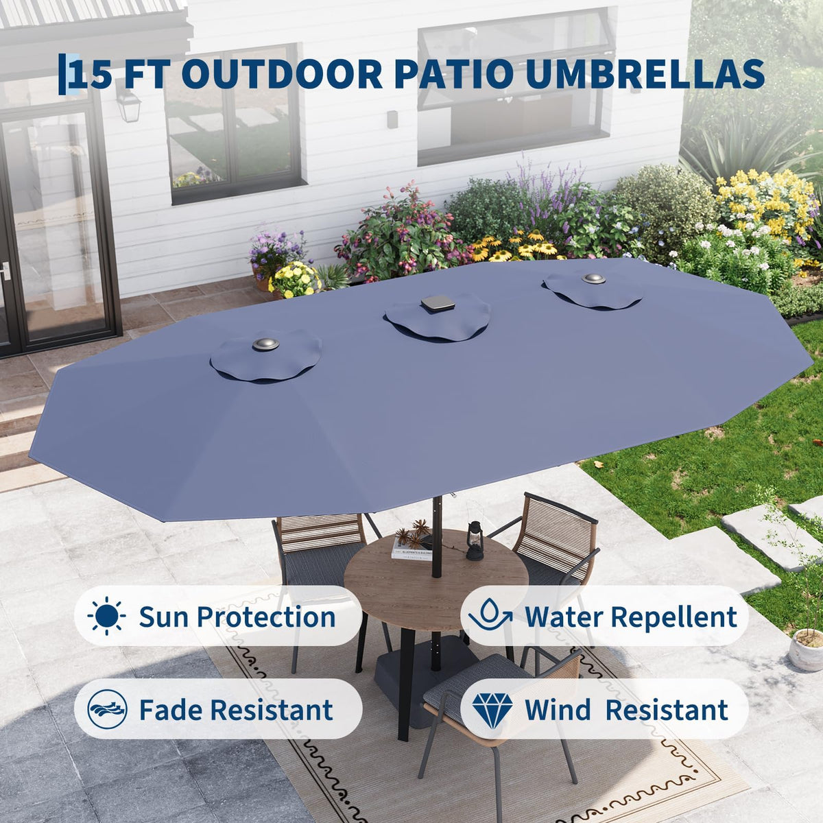 15FT Patio Umbrella with Solar Lights & Base N49942