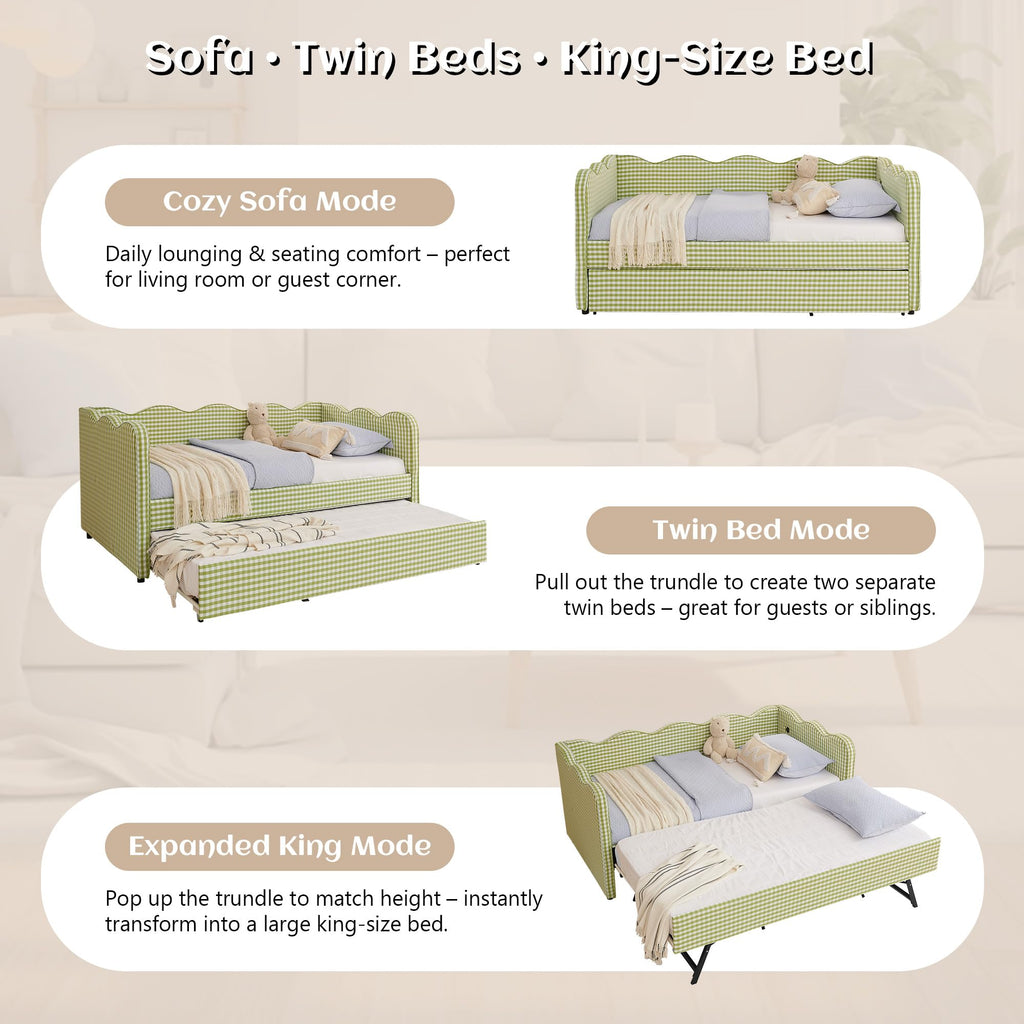 Twin Gingham Upholstered Daybed with Pop Up Trundle Bed O20432