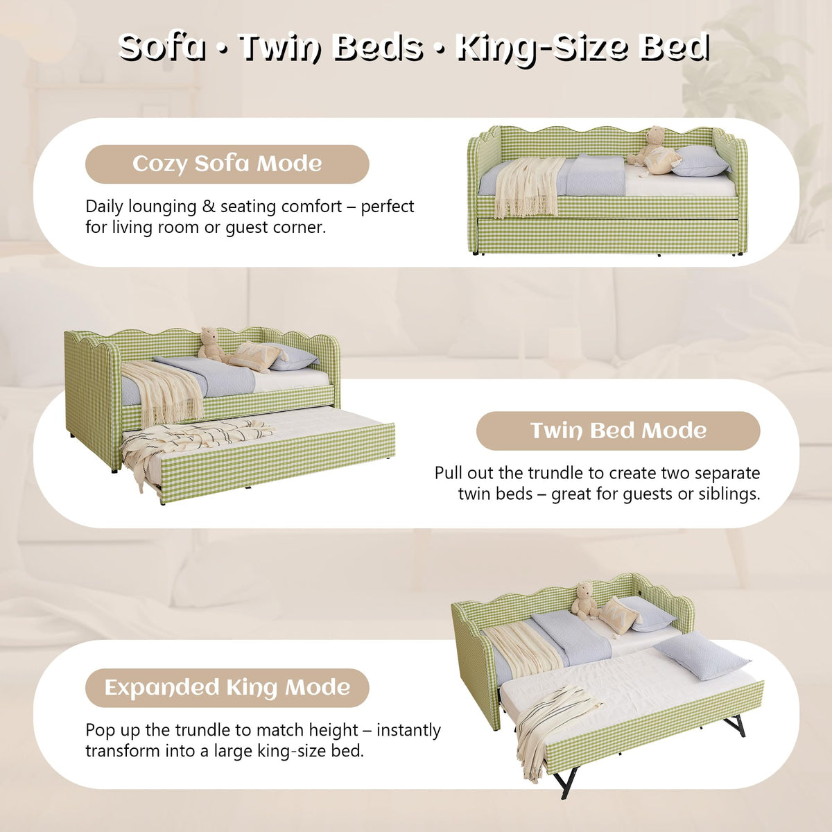 Twin Gingham Upholstered Daybed with Pop Up Trundle Bed O20432