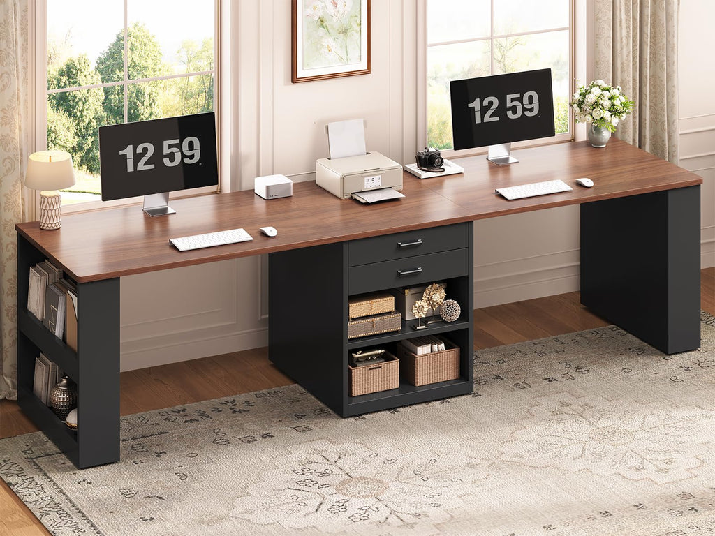 90.5" 2 Person Computer Desk with Storage Drawers Black H4966
