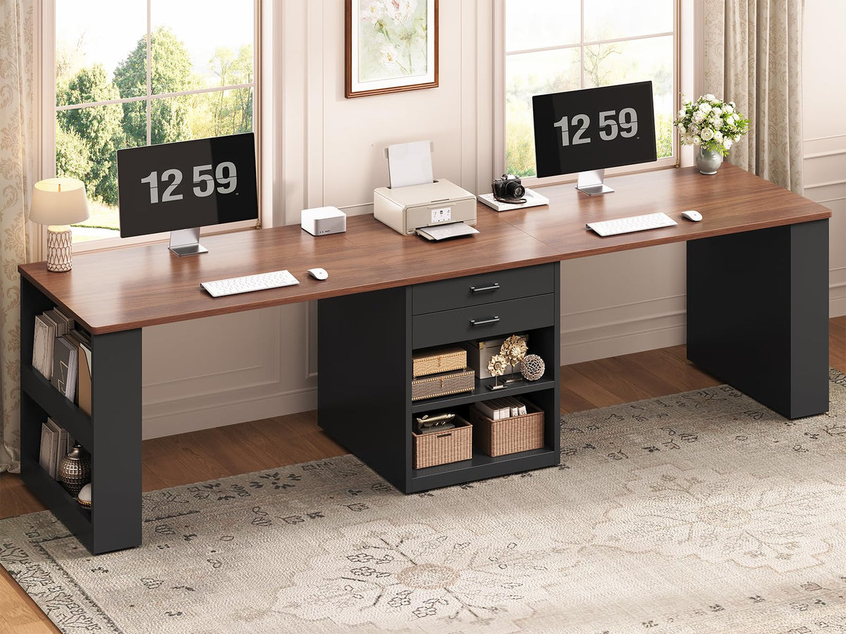 90.5" 2 Person Computer Desk with Storage Drawers Black H4966