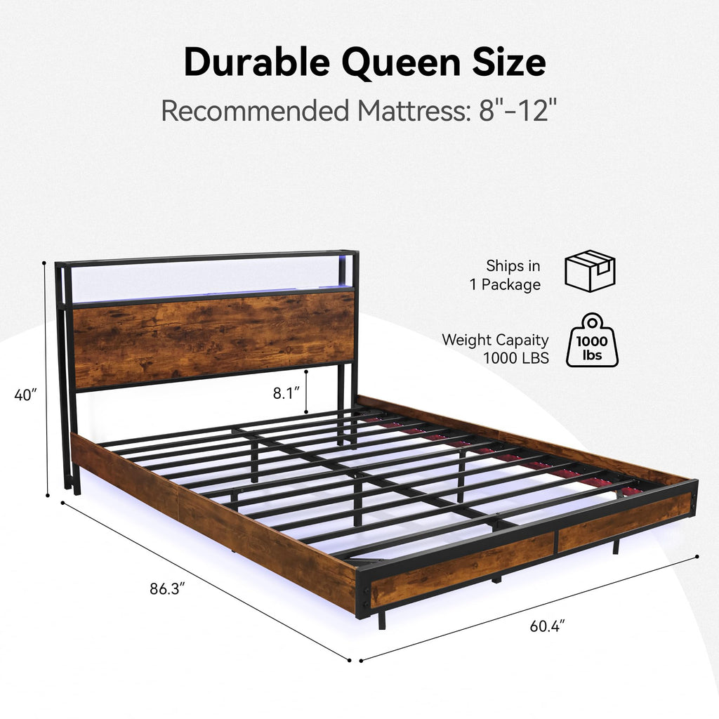 Queen Size Metal Platform Bed Frame with Storage Headboard and LED Lights A481