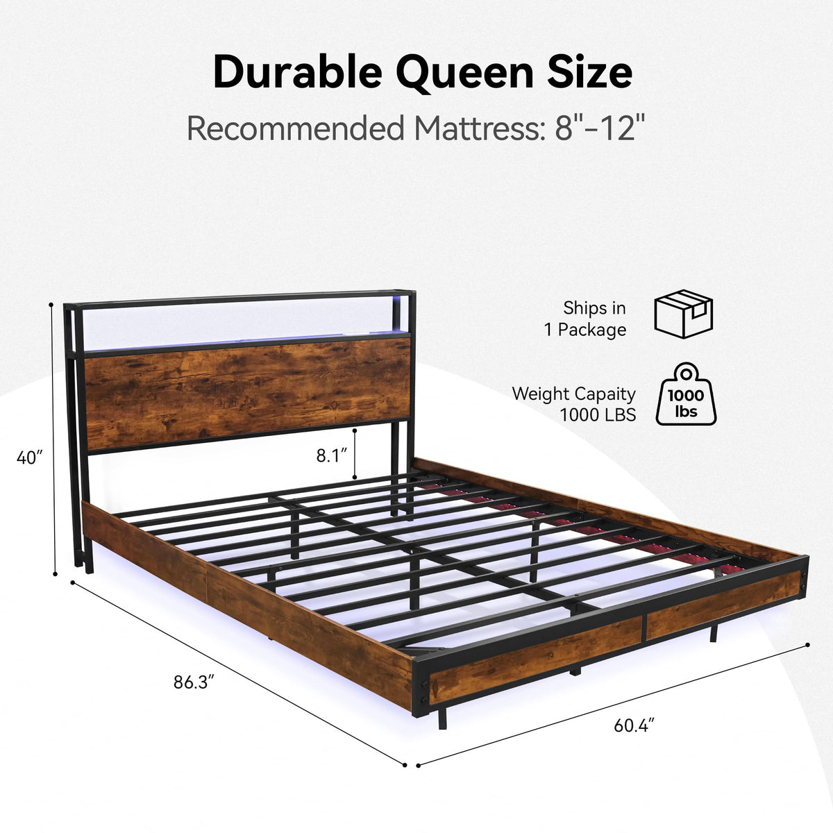Queen Size Metal Platform Bed Frame with Storage Headboard and LED Lights A481