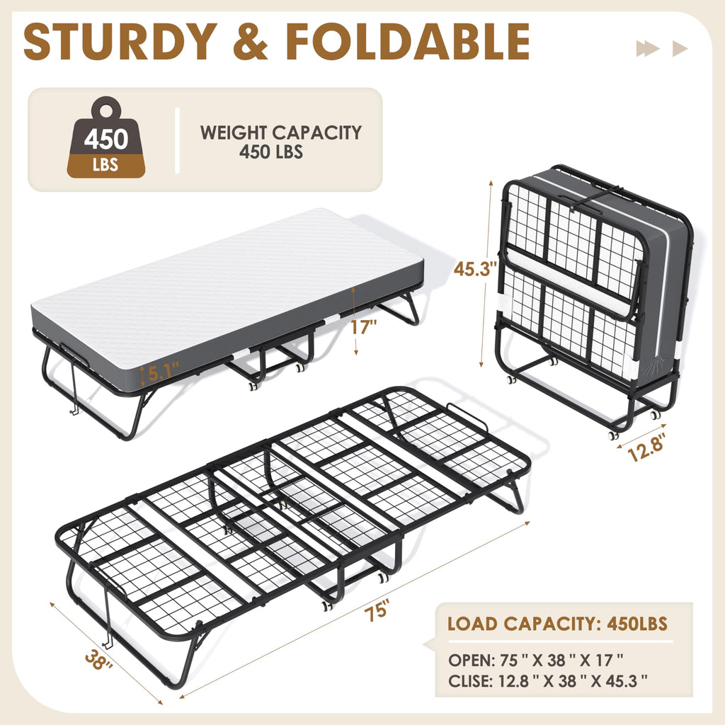 Folding Bed with Mattress Twin 75" x 38" L714