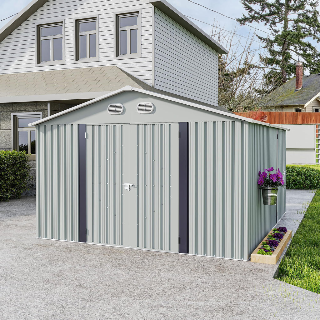 10x12 FT White Metal Storage Shed with Lockable Doors Z1580