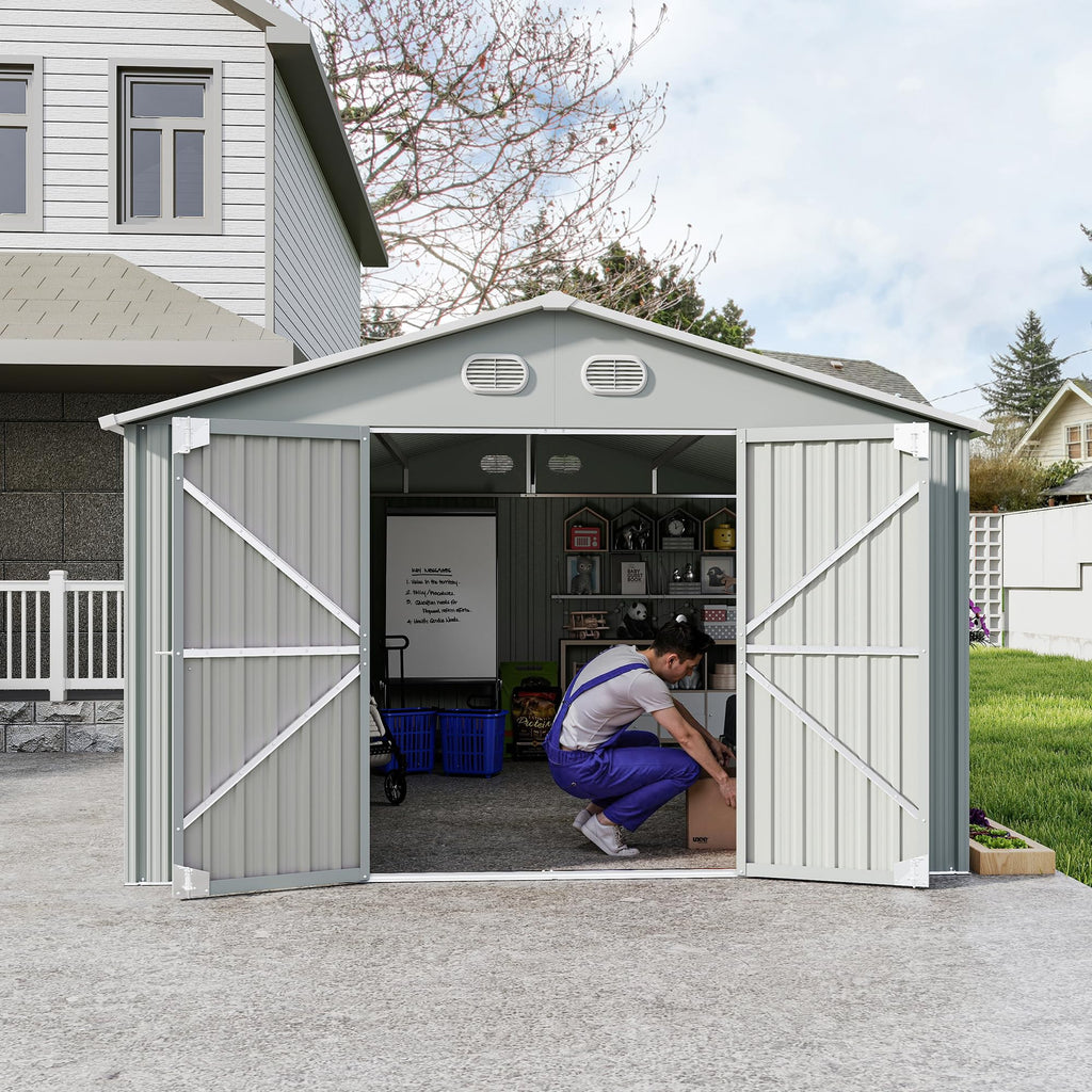 10x12 FT White Metal Storage Shed with Lockable Doors Z1580
