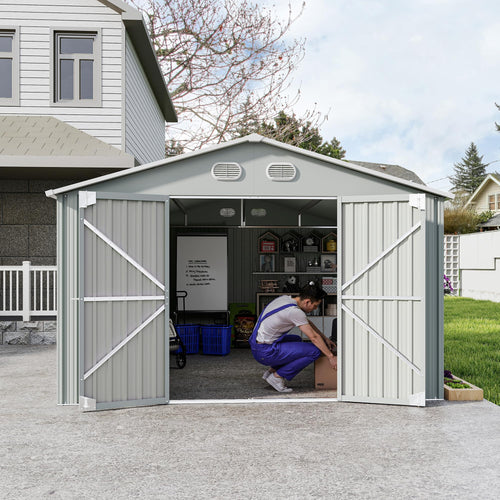 10x12 FT White Metal Storage Shed with Lockable Doors Z1580
