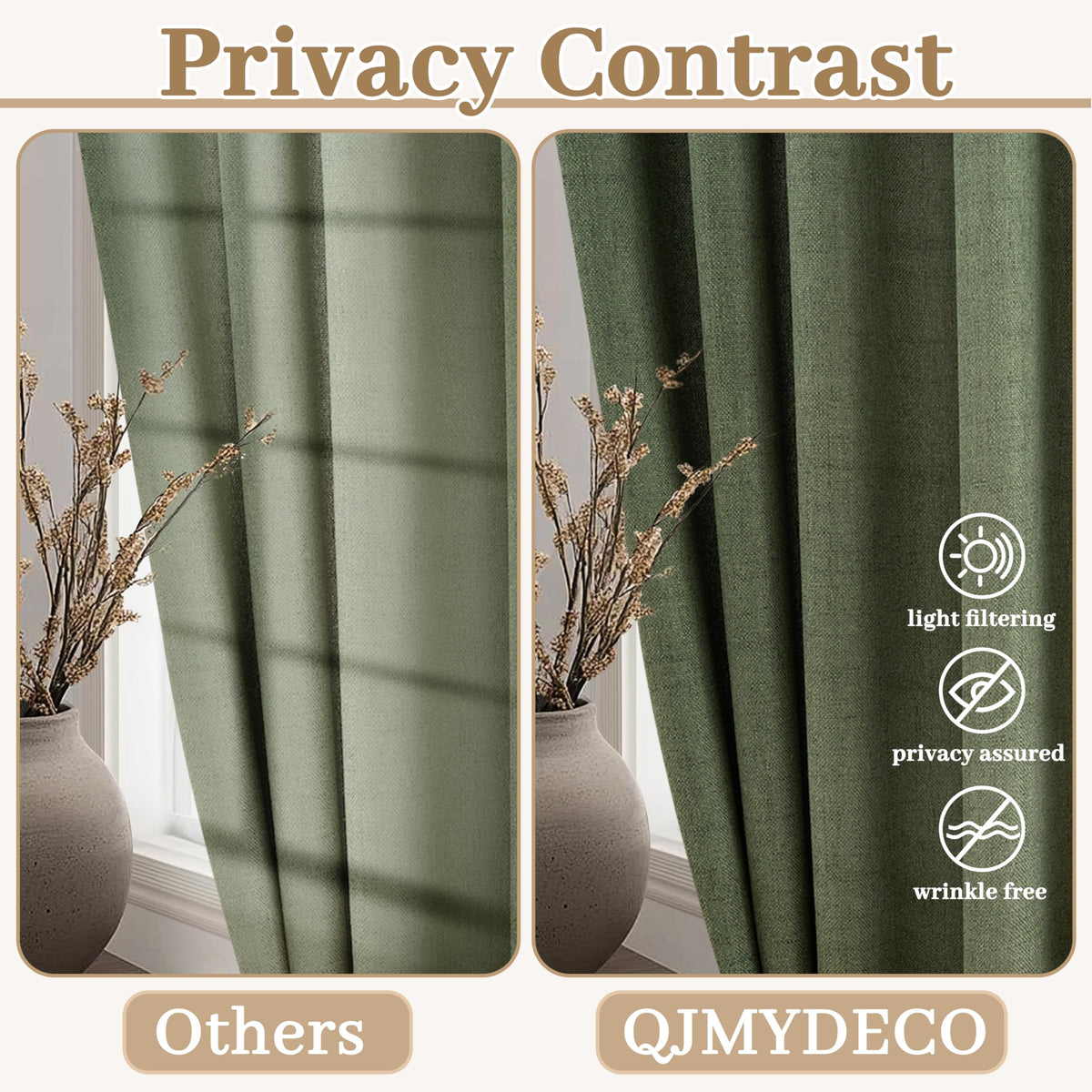 Dark Green 96 Inches Long Thick Linen 2 Panels Set Curtains B62228