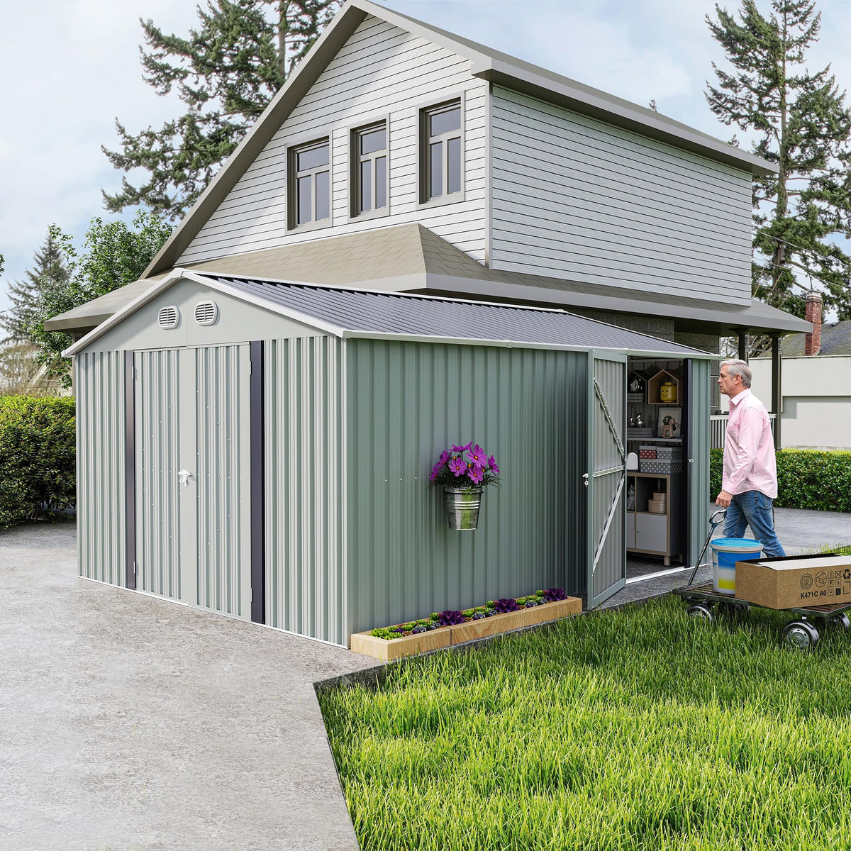 10x12 FT White Metal Storage Shed with Lockable Doors Z1580